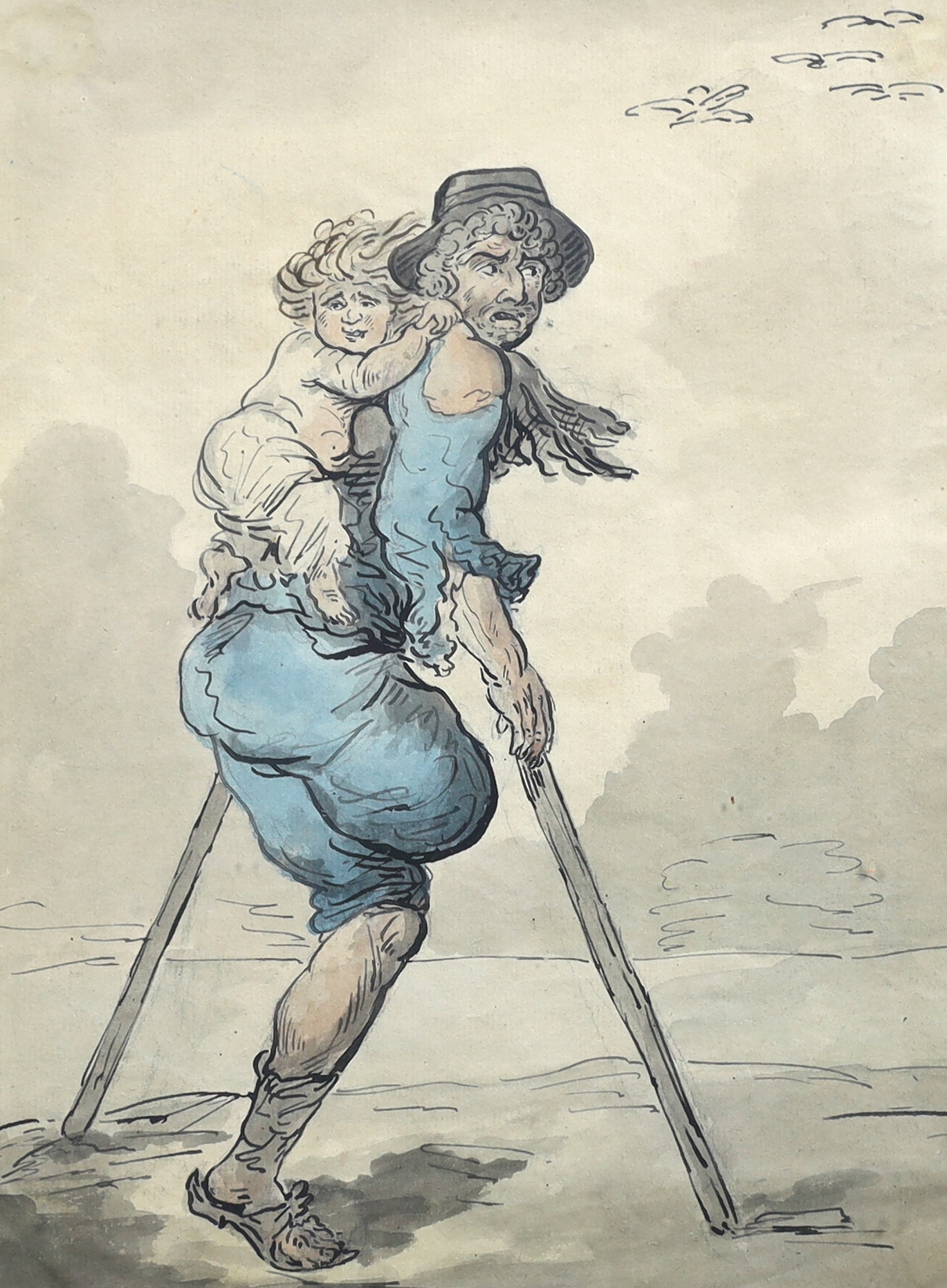 Thomas Rowlandson (British, 1756-1827), A cripple and child, ink and watercolour on paper, 28 x 21cm